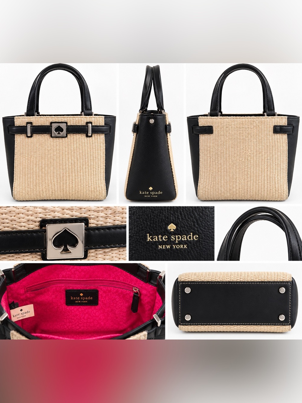 Kate Spade New York Woven Straw Raffia Tote Bag Black Leather Spade Turnlock